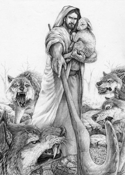 Jesus fighting wolves
